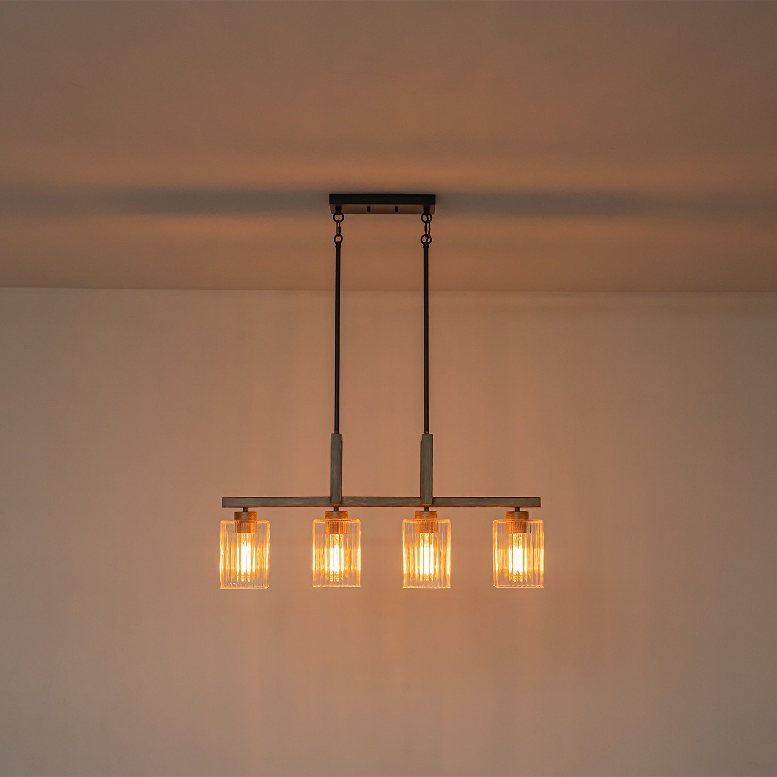 30.5 in. 4-Light Modern Farmhouse Matte Black Linear Chandelier with Faux Wood Accent Island Pendant with Glass Shades