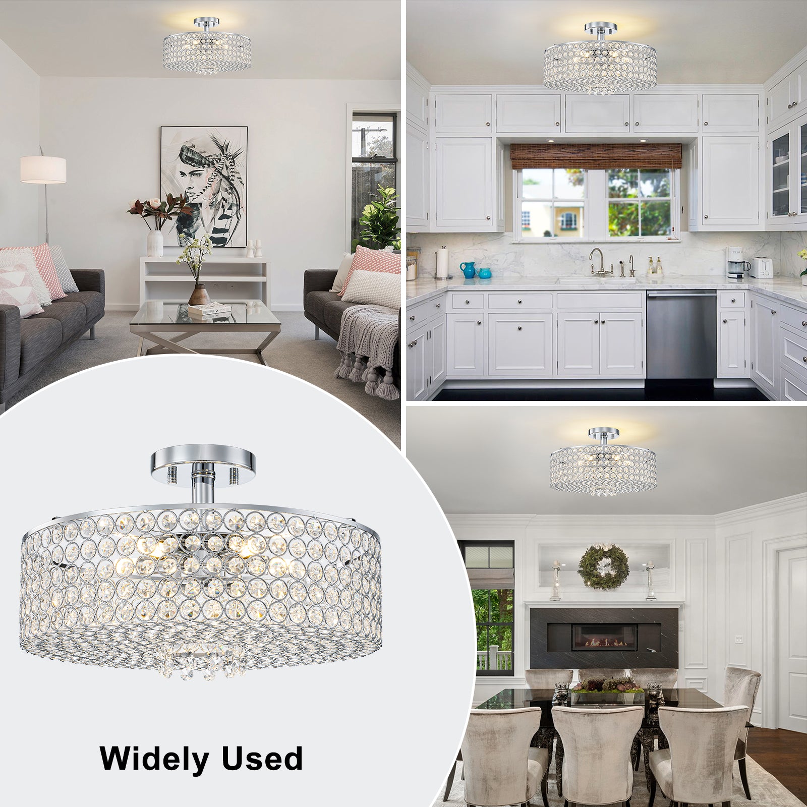 5-Light Chrome Round Modern Semi-Flush Mount Ceiling Light with Beaded Drum Crystal Shade for Living Room