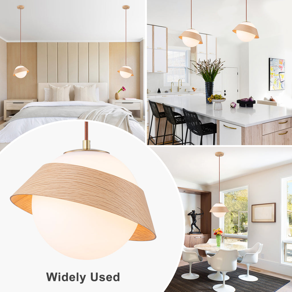 10.63 in. 1-Light Wooden Globe Hanging Pendant Light with White Glass Shade for Kitchen Island, Bedroom