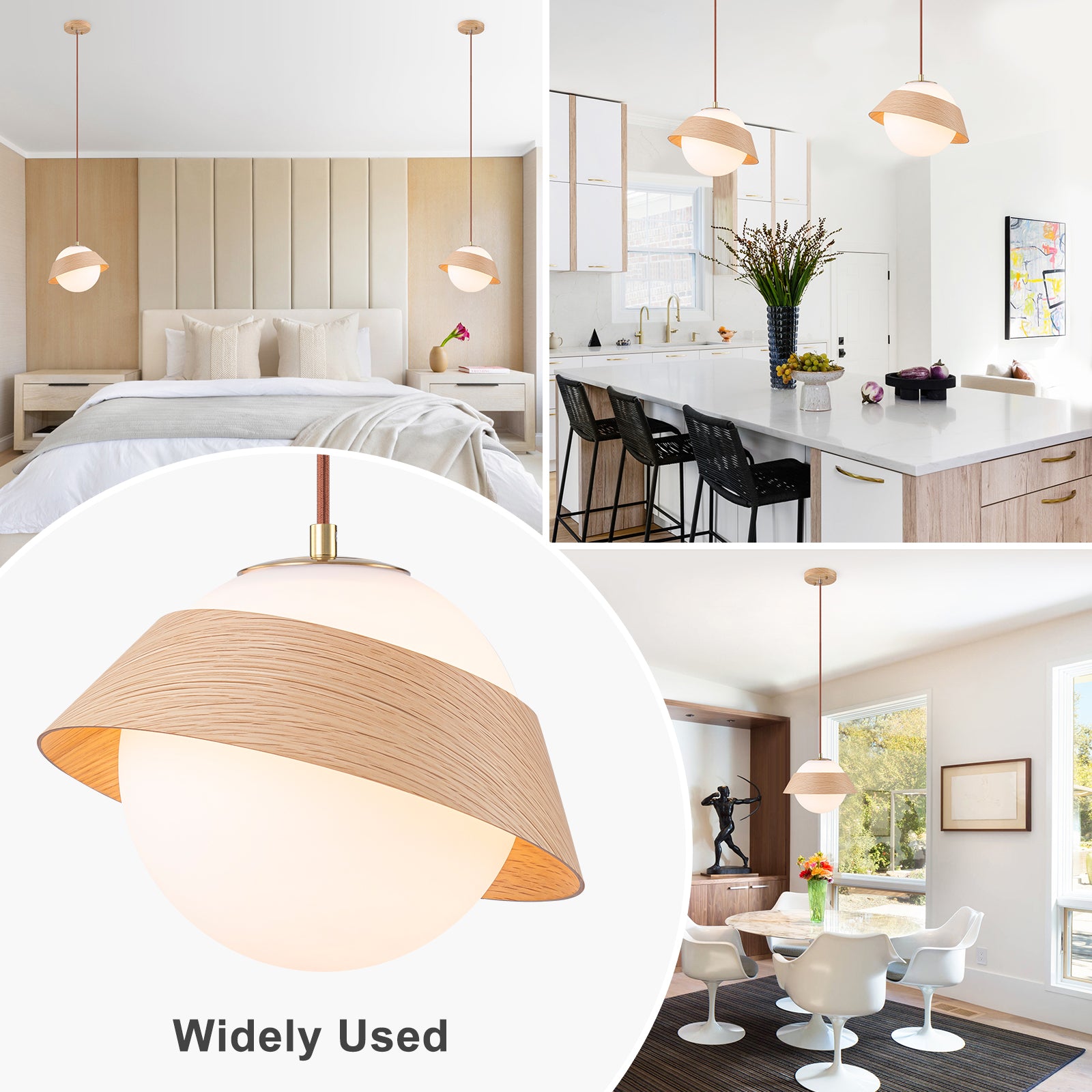 10.63 in. 1-Light Wooden Globe Hanging Pendant Light with White Glass Shade for Kitchen Island, Bedroom
