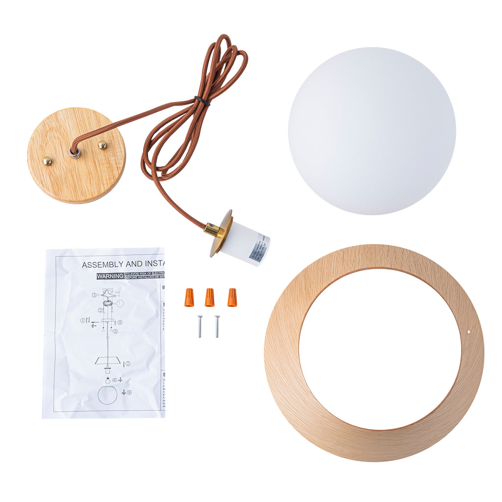 10.63 in. 1-Light Wooden Globe Hanging Pendant Light with White Glass Shade for Kitchen Island, Bedroom