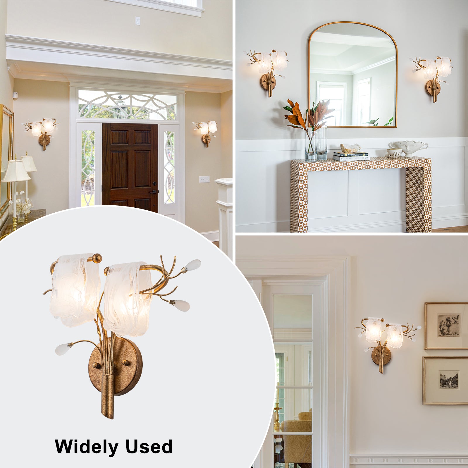 16.14 in. 2-Light Antique Gold Wall Sconce with Clouded Glass Shade, Bedroom Living Room Wall Light