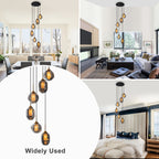 16 in. 6-Light Modern Black Staircase Chandelier Island Pendant Light with Smoky Gray Globe Glass Shade