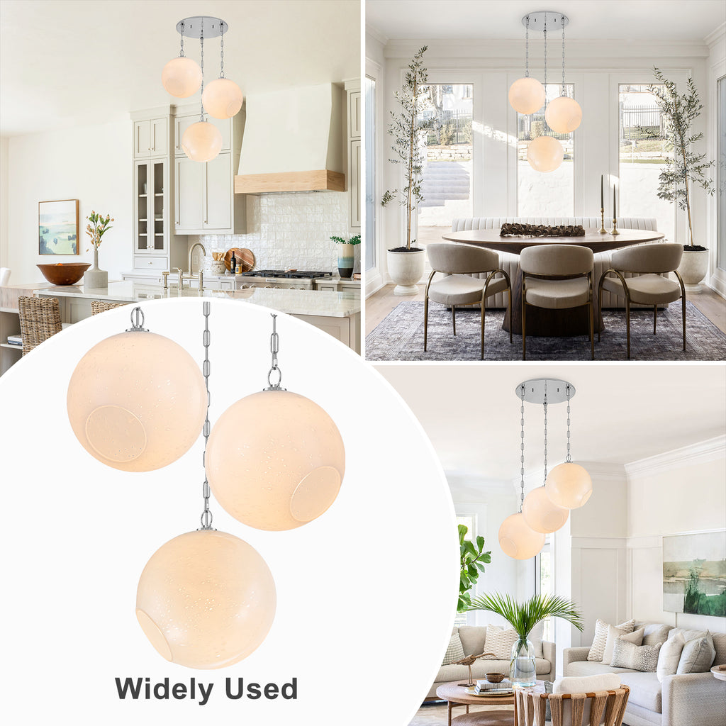 Chrome Modern Globe Hanging Pendant Light with White Bubble Glass Shade for Kitchen Island, Dining