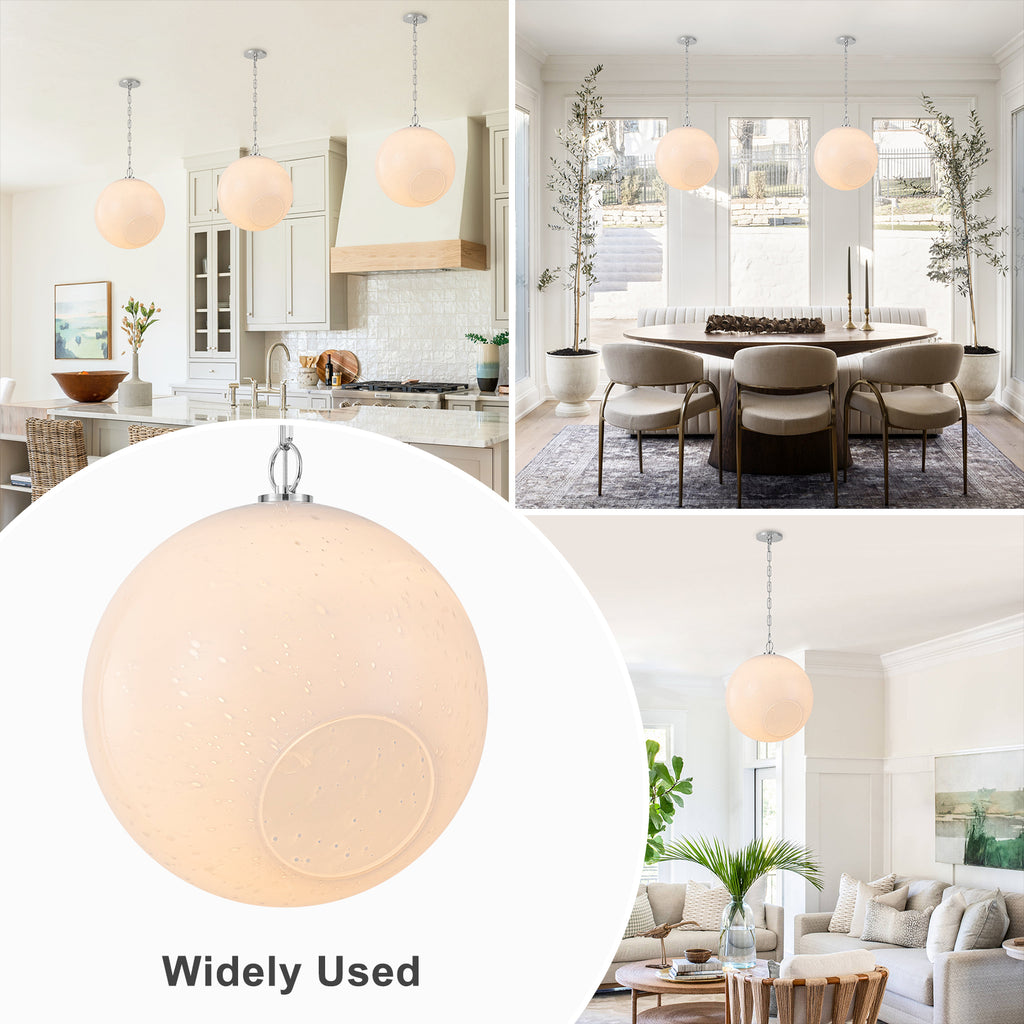 Chrome Modern Globe Hanging Pendant Light with White Bubble Glass Shade for Kitchen Island, Dining