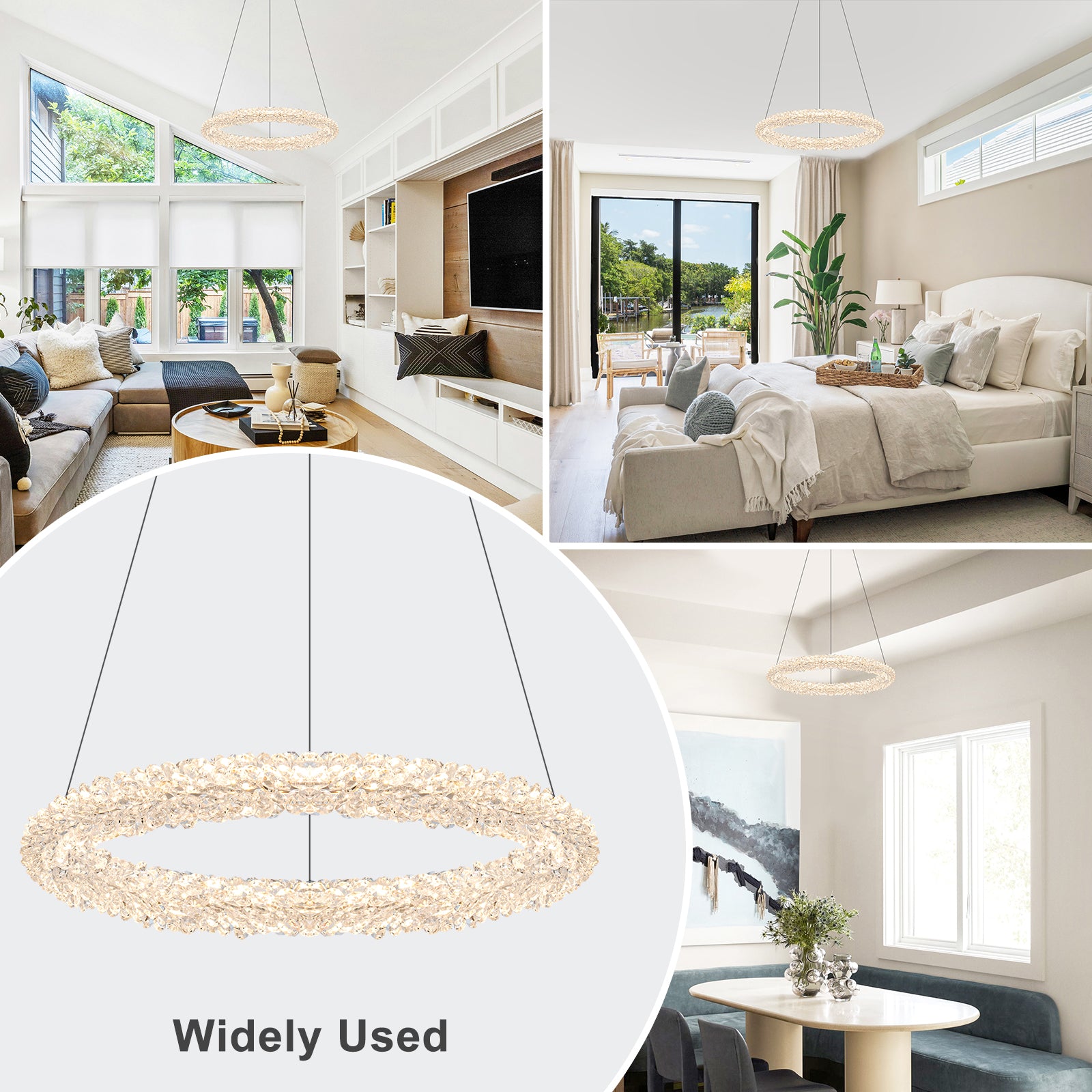 1-Light Modern Gold Metal Ring Crystal Integrated LED Pendant Light Dimmable Chandelier for Dining Room