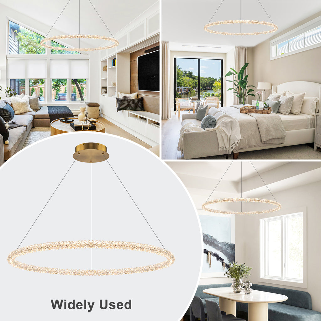 1-Light Modern Gold Metal Ring Crystal Integrated LED Pendant Light Dimmable Chandelier for Dining Room