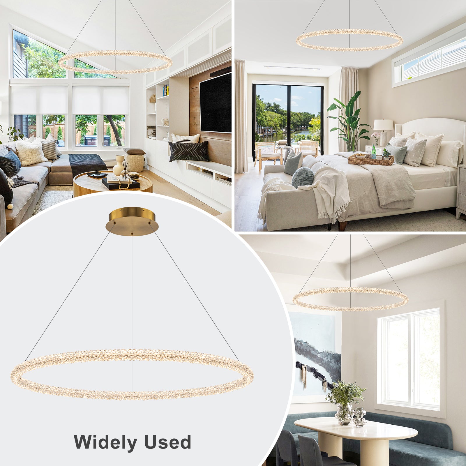 1-Light Modern Gold Metal Ring Crystal Integrated LED Pendant Light Dimmable Chandelier for Dining Room