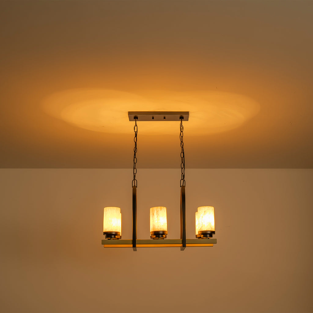 25 in. 6-Light Rustic Industrial Linear Coffee Brown Metal Pendant Light Chandelier with Marble Shades