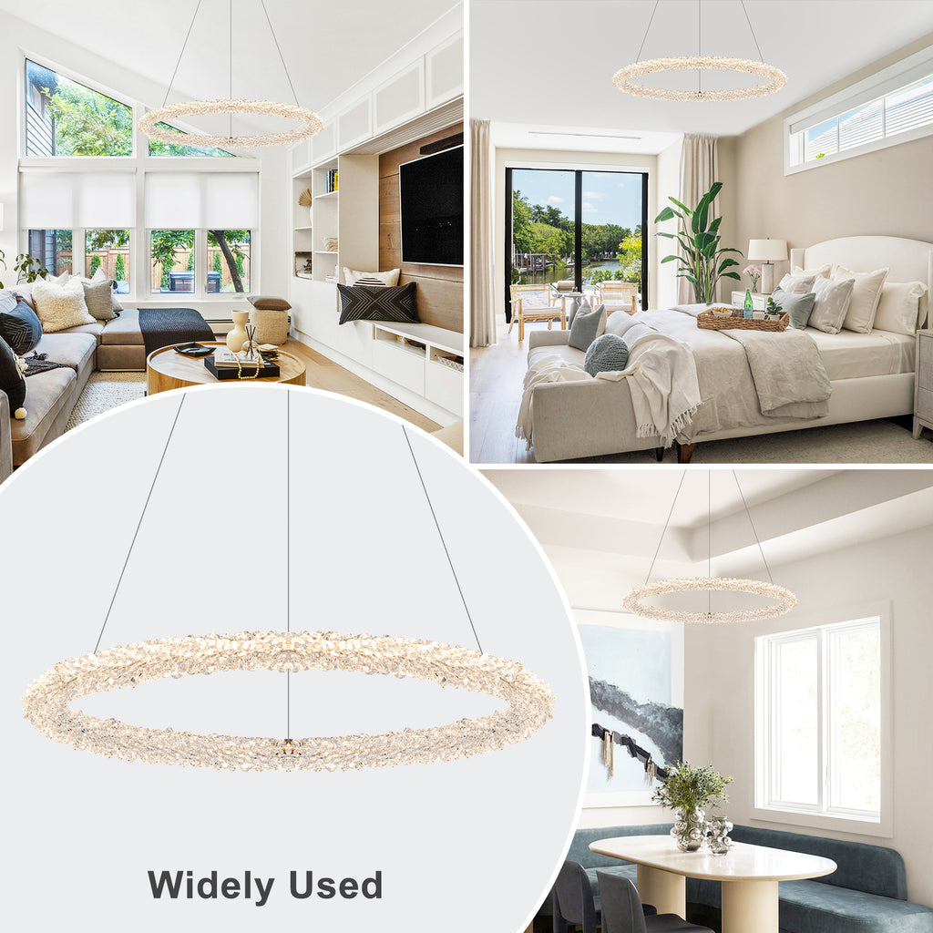 1-Light Modern Gold Metal Ring Crystal Integrated LED Pendant Light Dimmable Chandelier for Dining Room