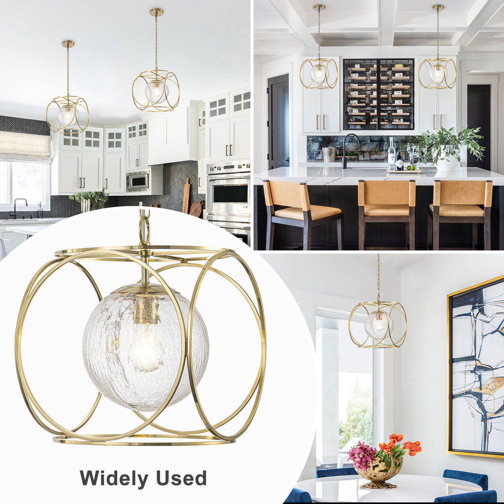 11.5 in. 1-Light Modern Copper Metal Pendant Light with Clear Crackle Globe Glass Shade for Kitchen Island, Dining Room