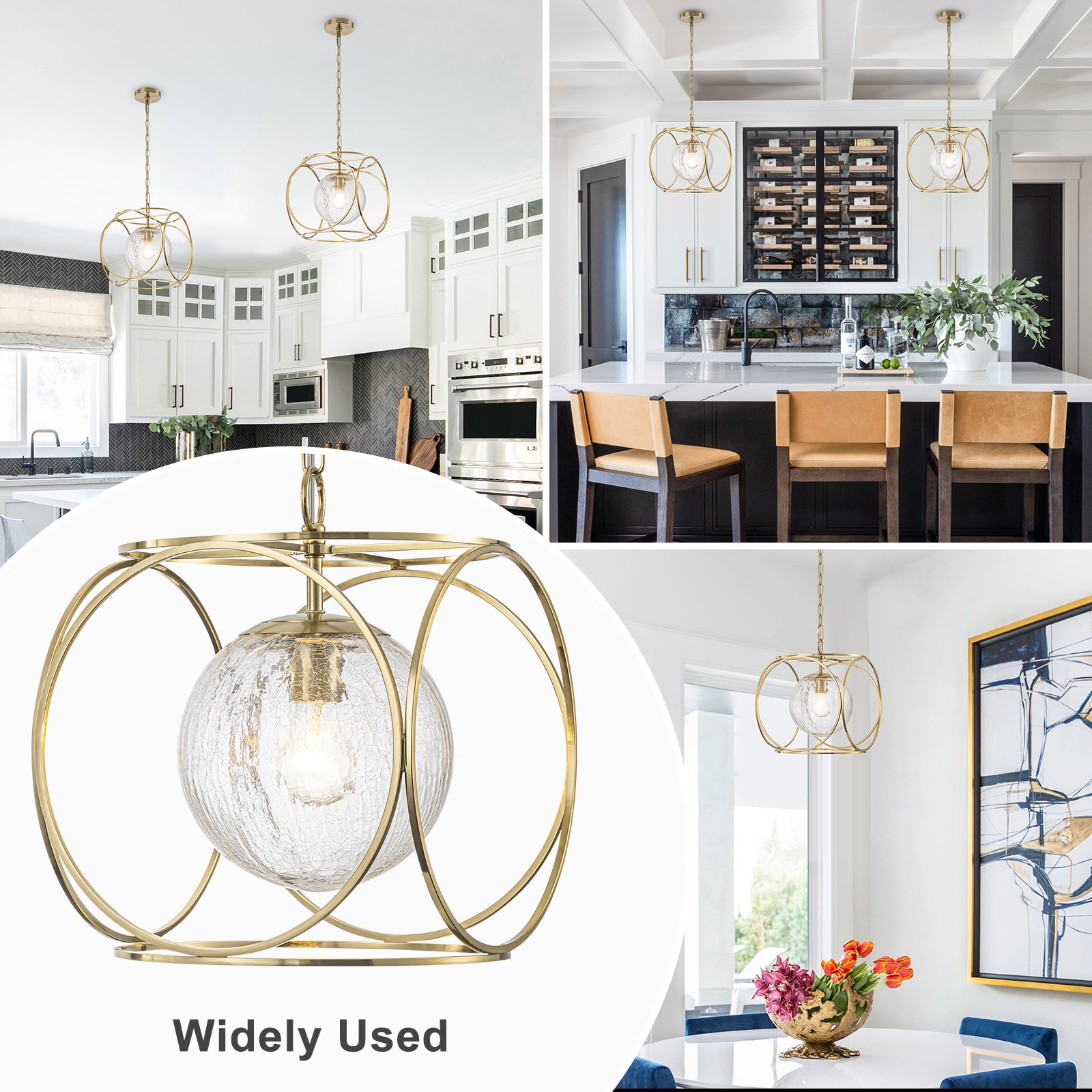 11.5 in. 1-Light Modern Copper Metal Pendant Light with Clear Crackle Globe Glass Shade for Kitchen Island, Dining Room
