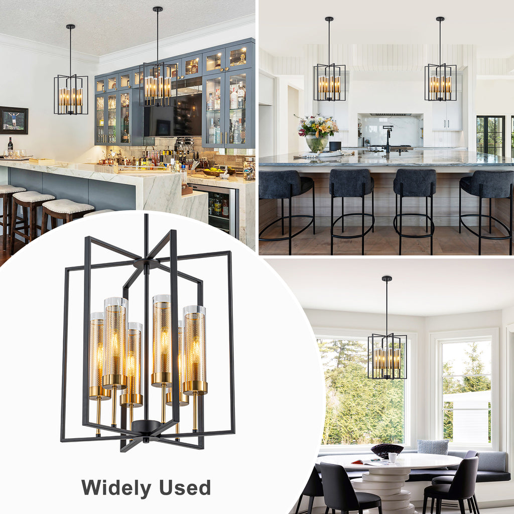 17.72 in. 6-Light Industrial Black Iron Geometric Chandelier with Clear Glass Shades for Kitchen Island Foyers Hallway