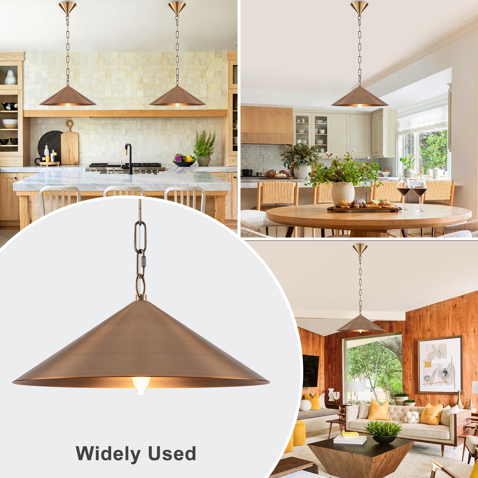 14.76 in. 60-Watt 1-Light Vintage Bronze Island Pendant Light with Cone Iron Shade for Kitchen, Dining Room