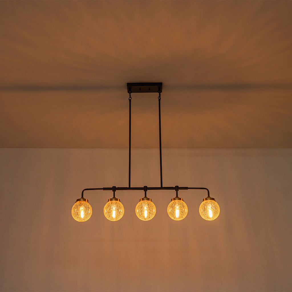 38 in. 5-Light Modern Matte Black Linear Pendant Light with Clear Globe Crackled Glass Shades Island Chandelier