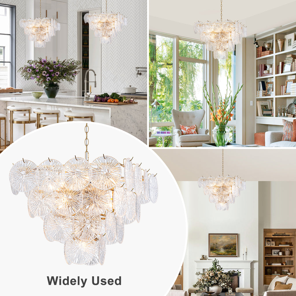 24 in. 13-Light Modern Gold Square Tiered Chandelier with Textured Clear Glass Petal Shades for Living Room