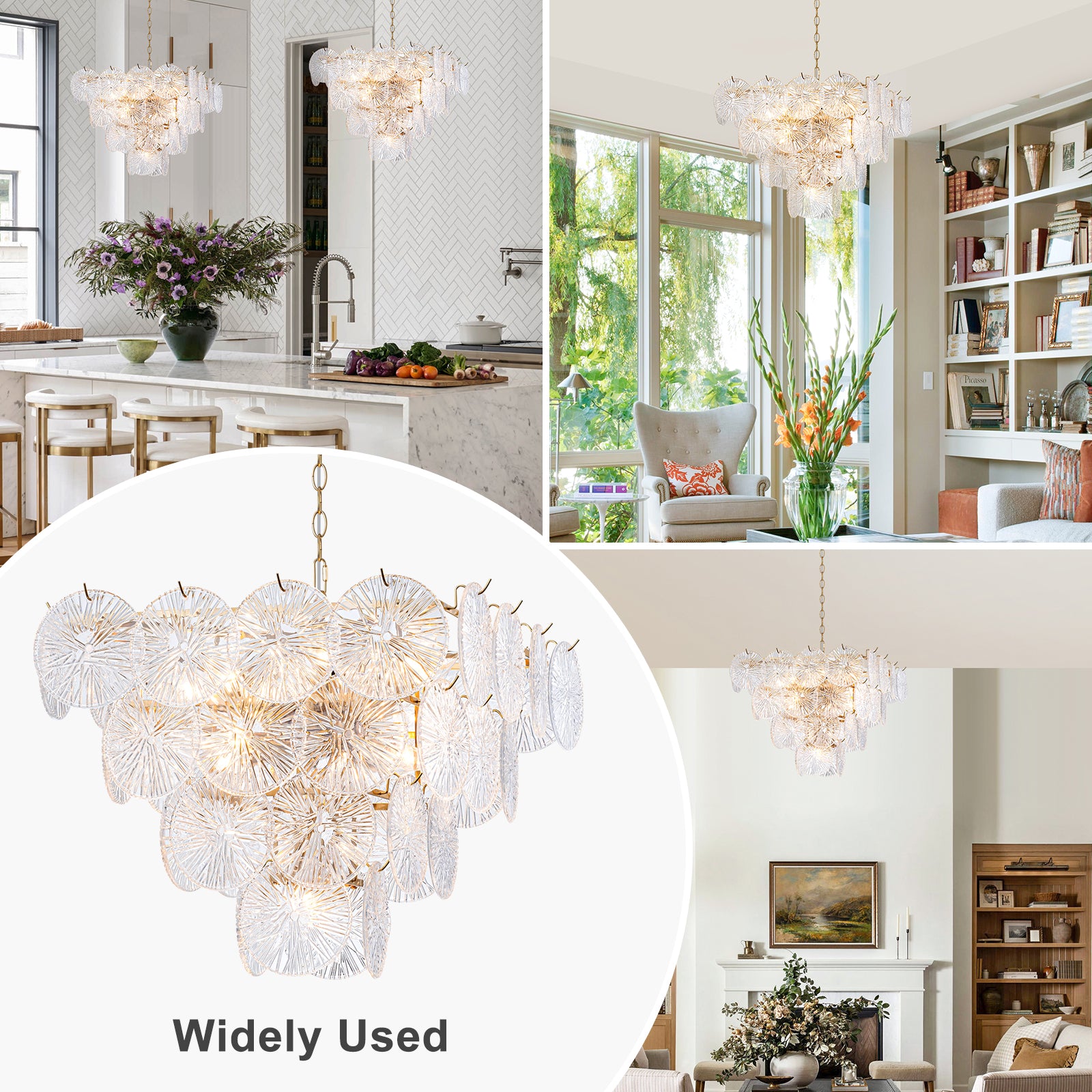 24 in. 13-Light Modern Gold Square Tiered Chandelier with Textured Clear Glass Petal Shades for Living Room