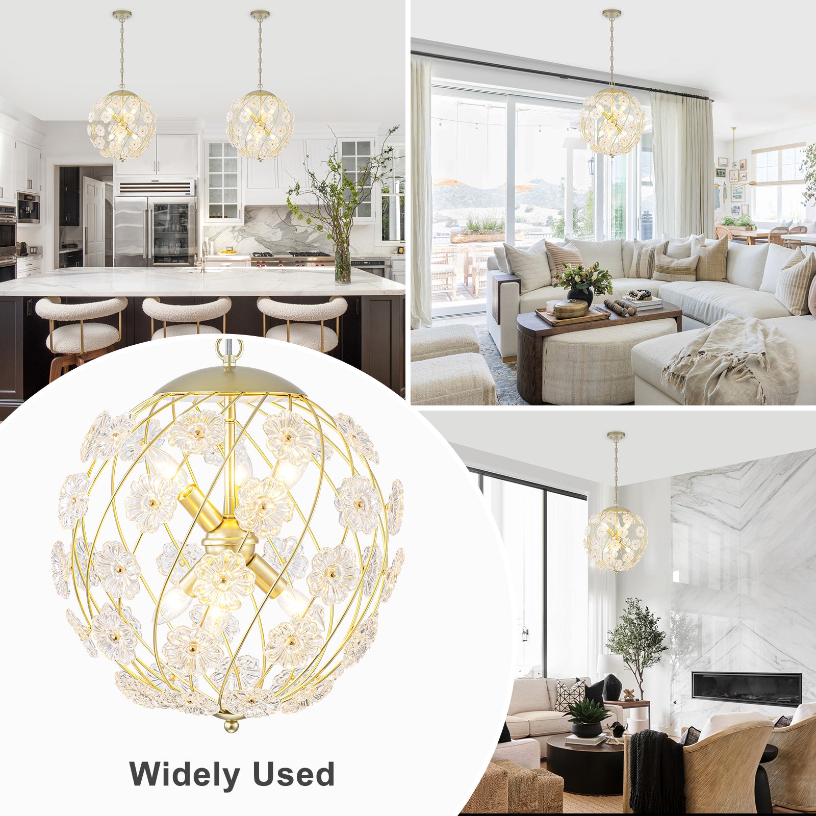 6-Light Modern Metal Gold Globe Cage Chandelier with Glass Flower Shade for Living Room, Dining, Bedroom