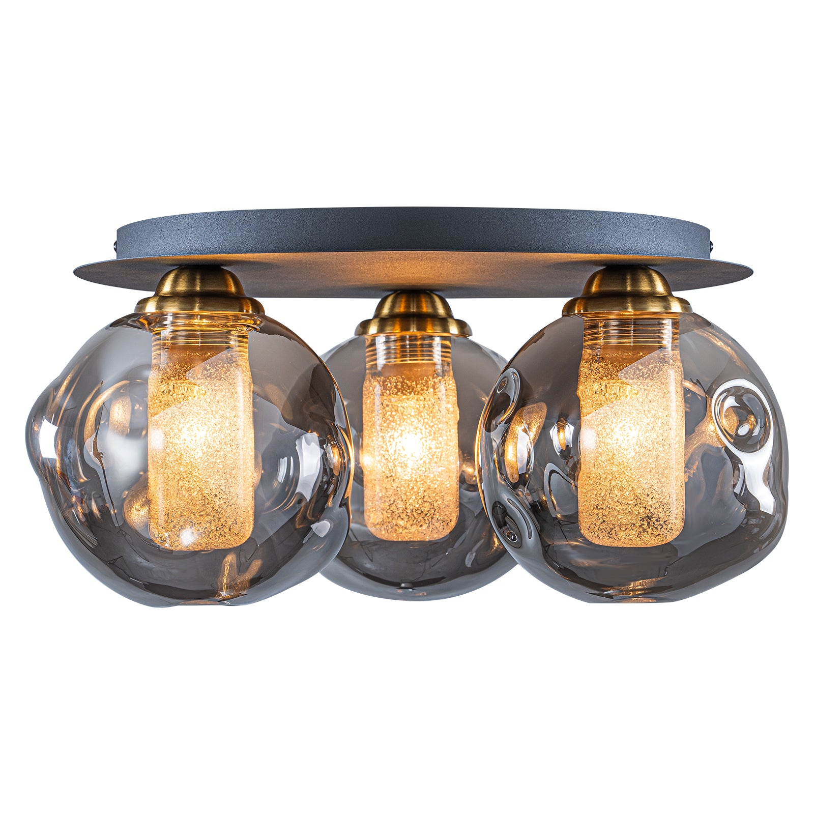 17.7 in. 3-Light Modern Black Metal Flush Mount Ceiling Light with Globe Smoky Gray Glass Shades for Dining Roo