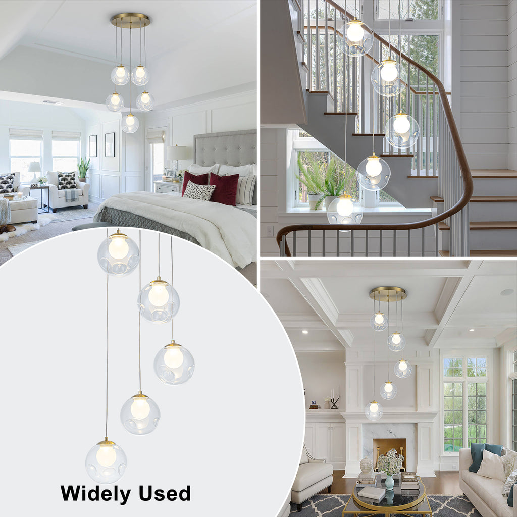 5-Light Modern Gold Metal LED Chandelier Pendant Light with Clear Globe Shades for Entryway, Living Room