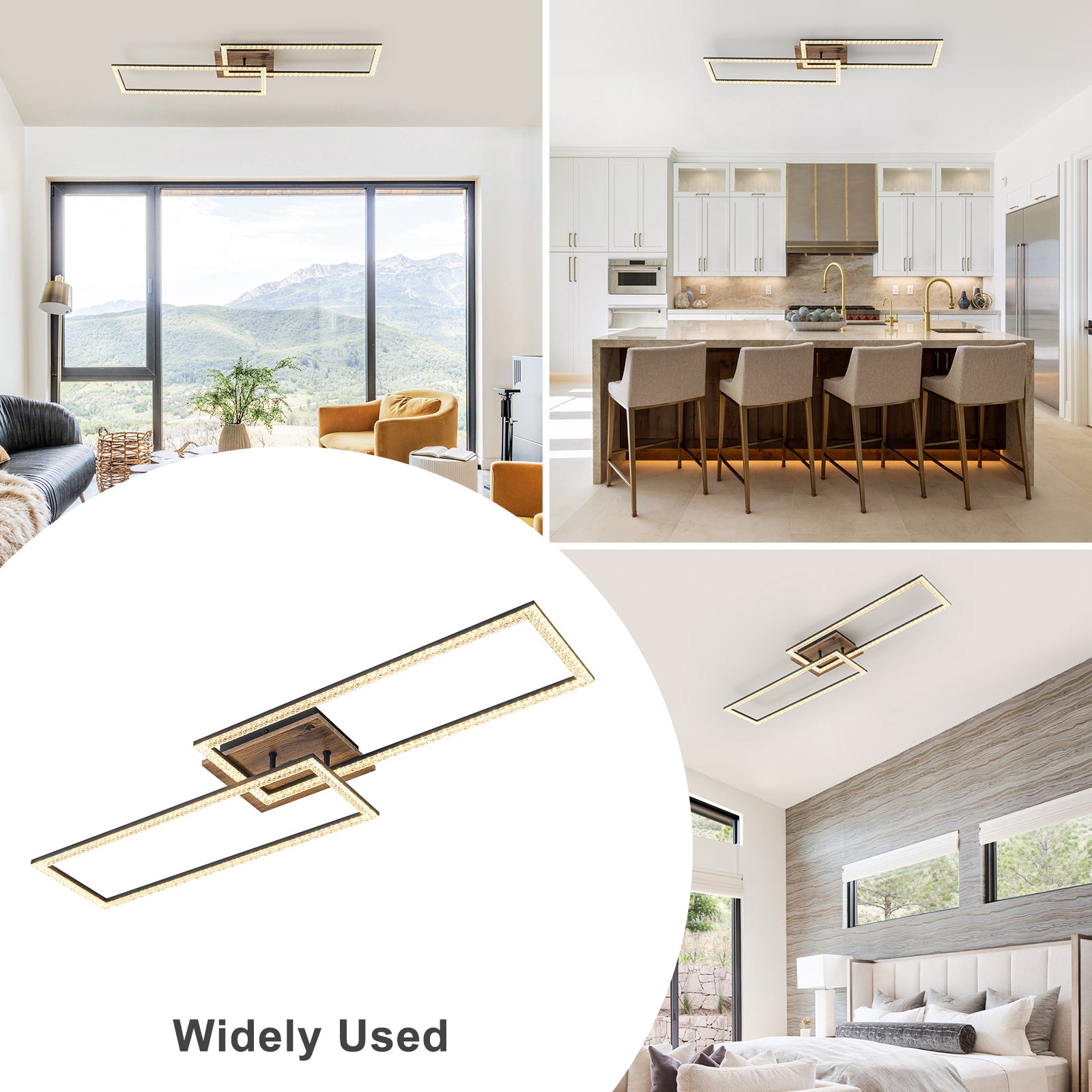 2-Light 40.55 in. Modern Black and Wood Dimmable Integrated LED Flush Mount Ceiling Light