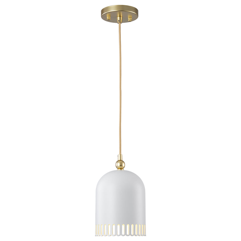 1-Light Gold Iron Semi-Domed Shape Pendant Light with Matte White Metal Shade Hollow Out Design for Living Room