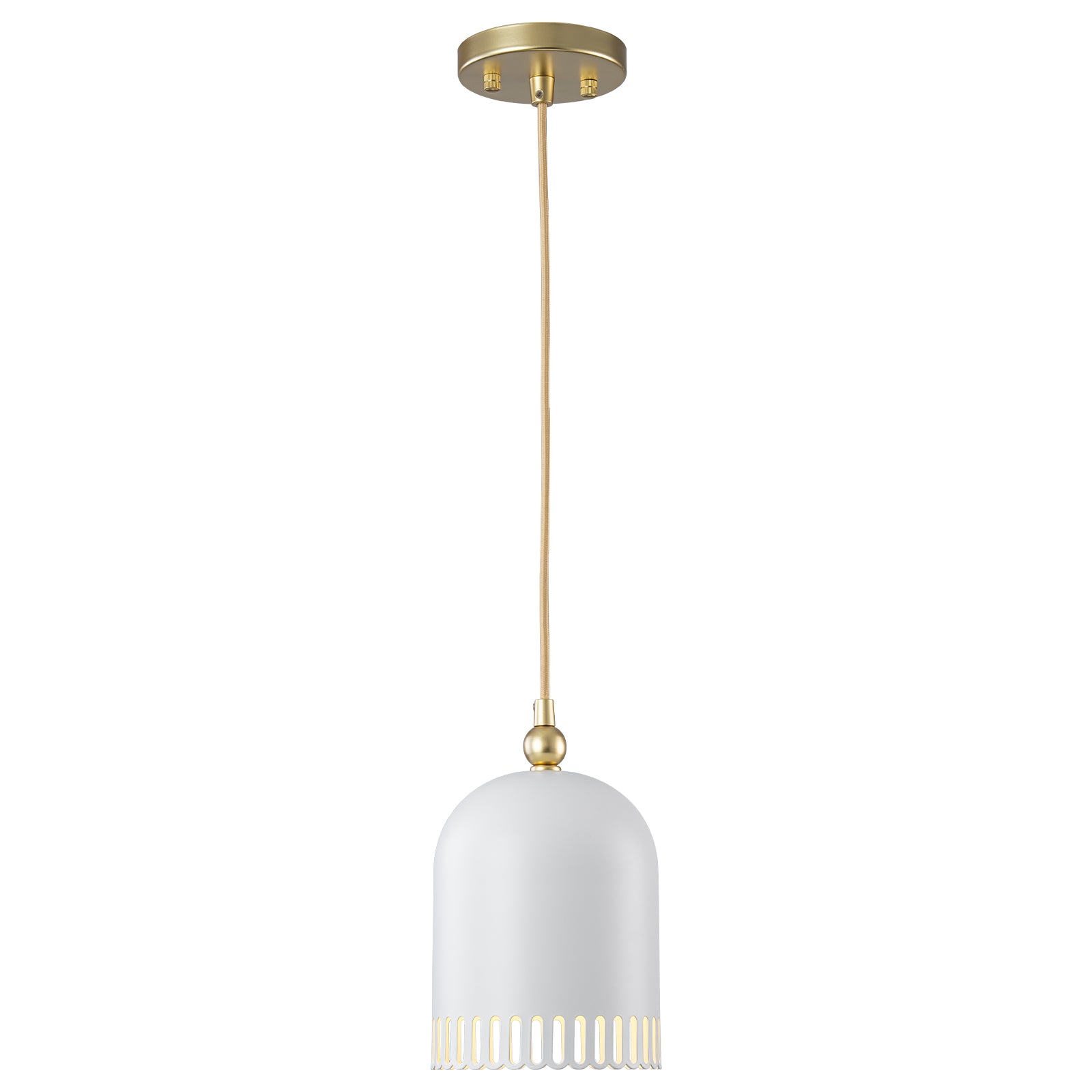 1-Light Gold Iron Semi-Domed Shape Pendant Light with Matte White Metal Shade Hollow Out Design for Living Room