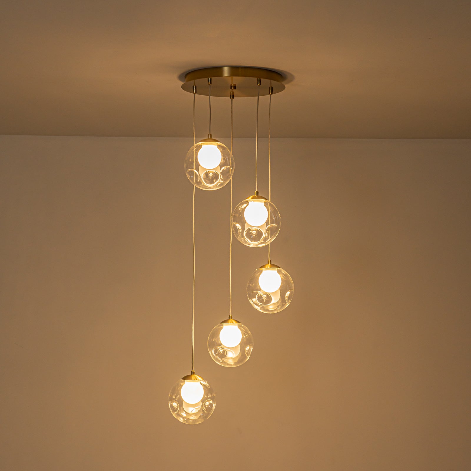 5-Light Modern Gold Metal LED Chandelier Pendant Light with Clear Globe Shades for Entryway, Living Room
