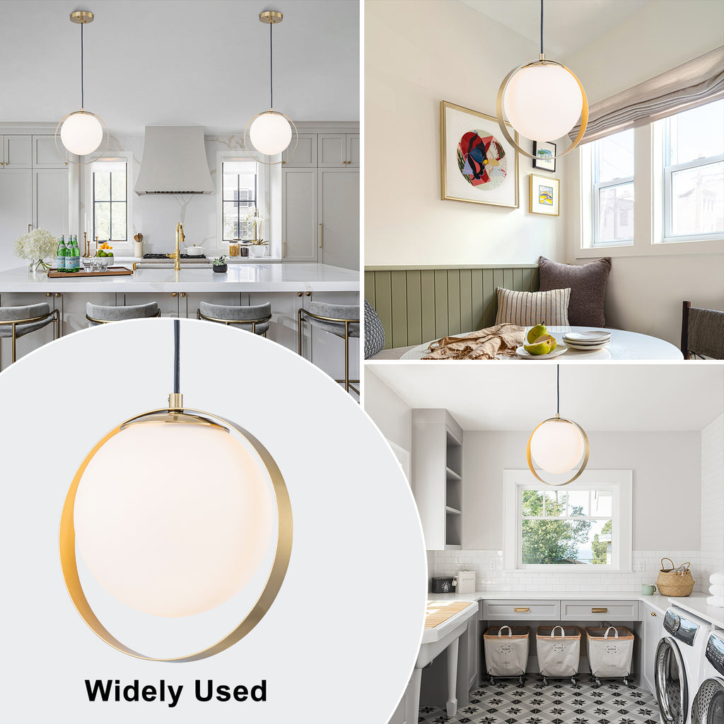 9.84 in. 8-Watt 1-Light Modern Mid-Century Brass Ring LED Pendant Light with White Globe Glass Shade