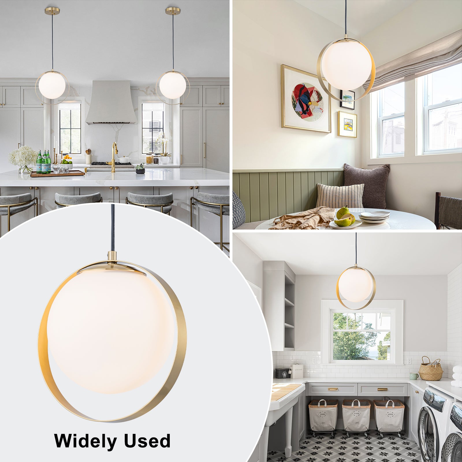 9.84 in. 8-Watt 1-Light Modern Mid-Century Brass Ring LED Pendant Light with White Globe Glass Shade