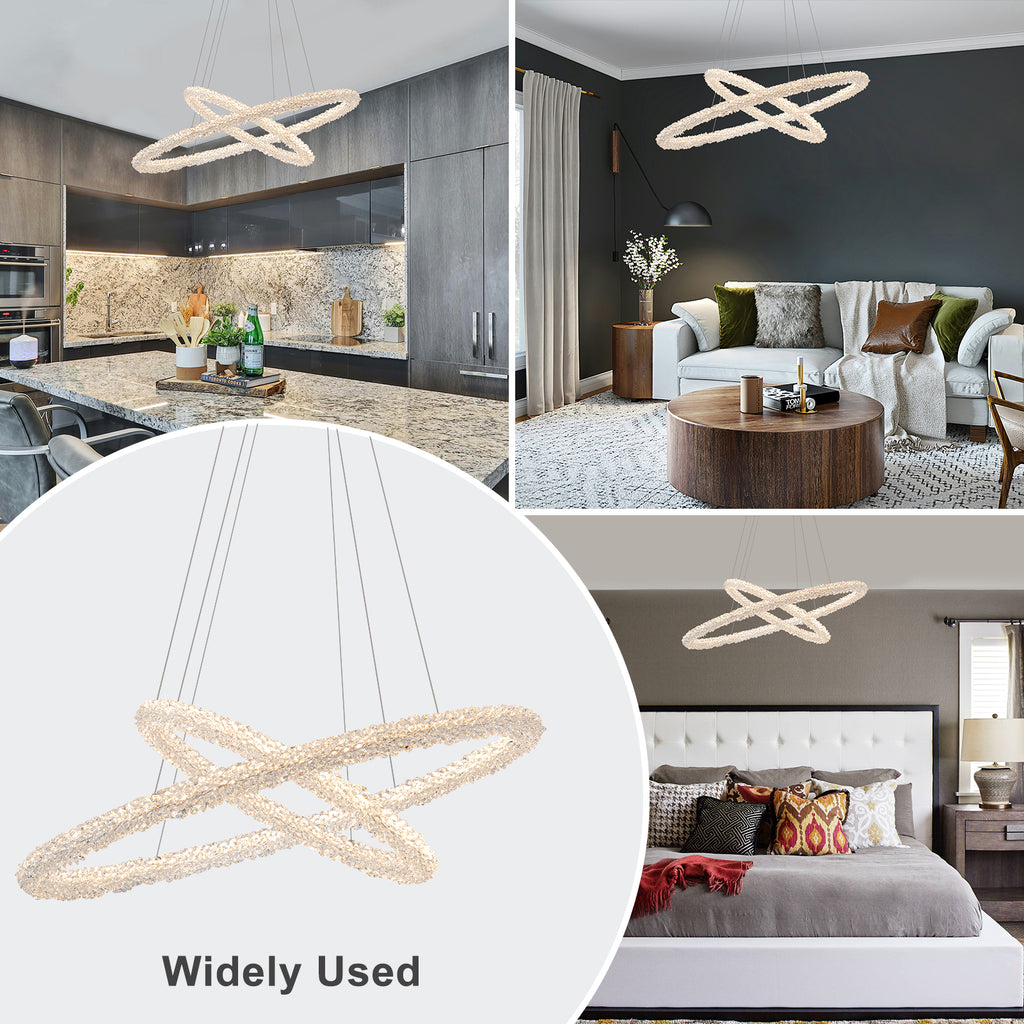 2-Light Modern Gold Double Ring Dimmable Integrated LED Chandelier Tiered Pendant Light with Crystal for Dining Room