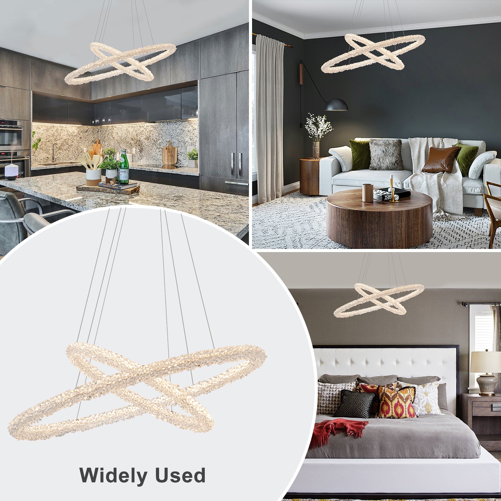 2-Light Modern Gold Double Ring Dimmable Integrated LED Chandelier Tiered Pendant Light with Crystal for Dining Room
