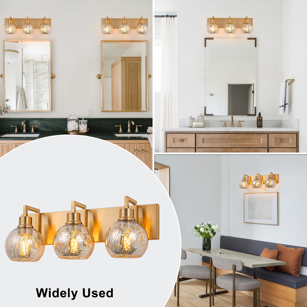 20.47 in. 3-Light Modern Gold Metal Linear Bathroom Vanity Light with Globe Mercury Glass Shades