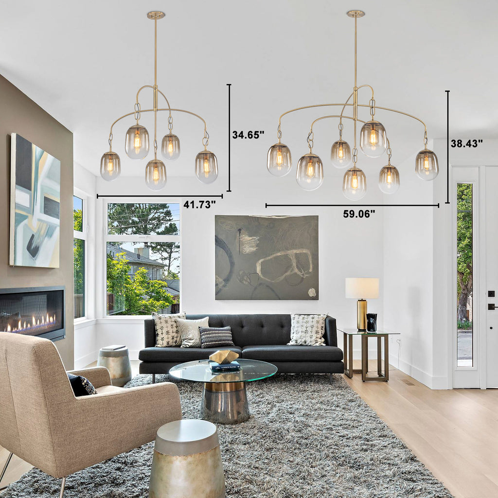 5/7-Light 2/3-Tier Antique Gold Metal Chandelier Pendant with Oval Glass Shades for Living Room, Kitchen Island