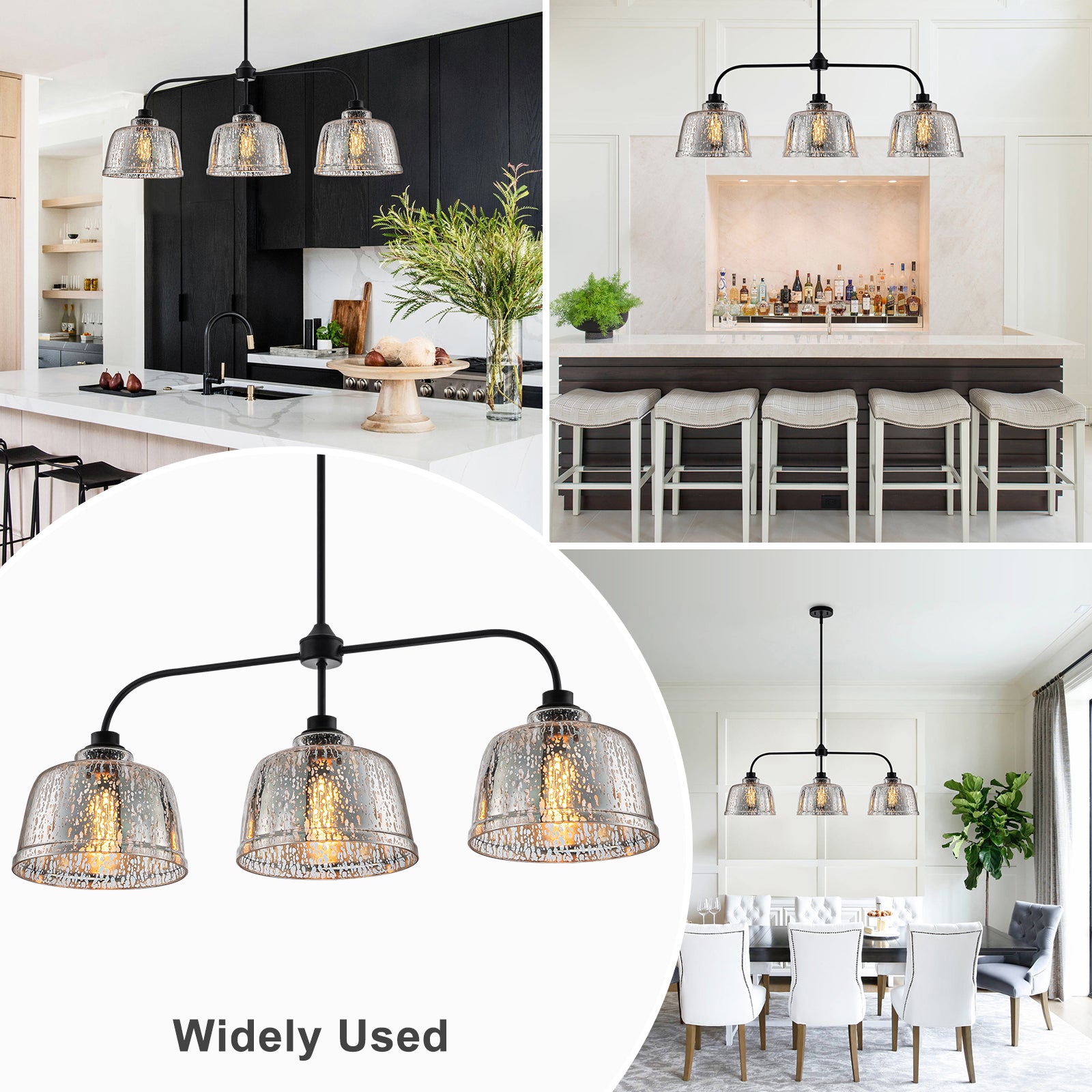 39 in. 3-Light Modern Matte Black Linear Chandelier with Textured Glass Shades for Kitchen Island