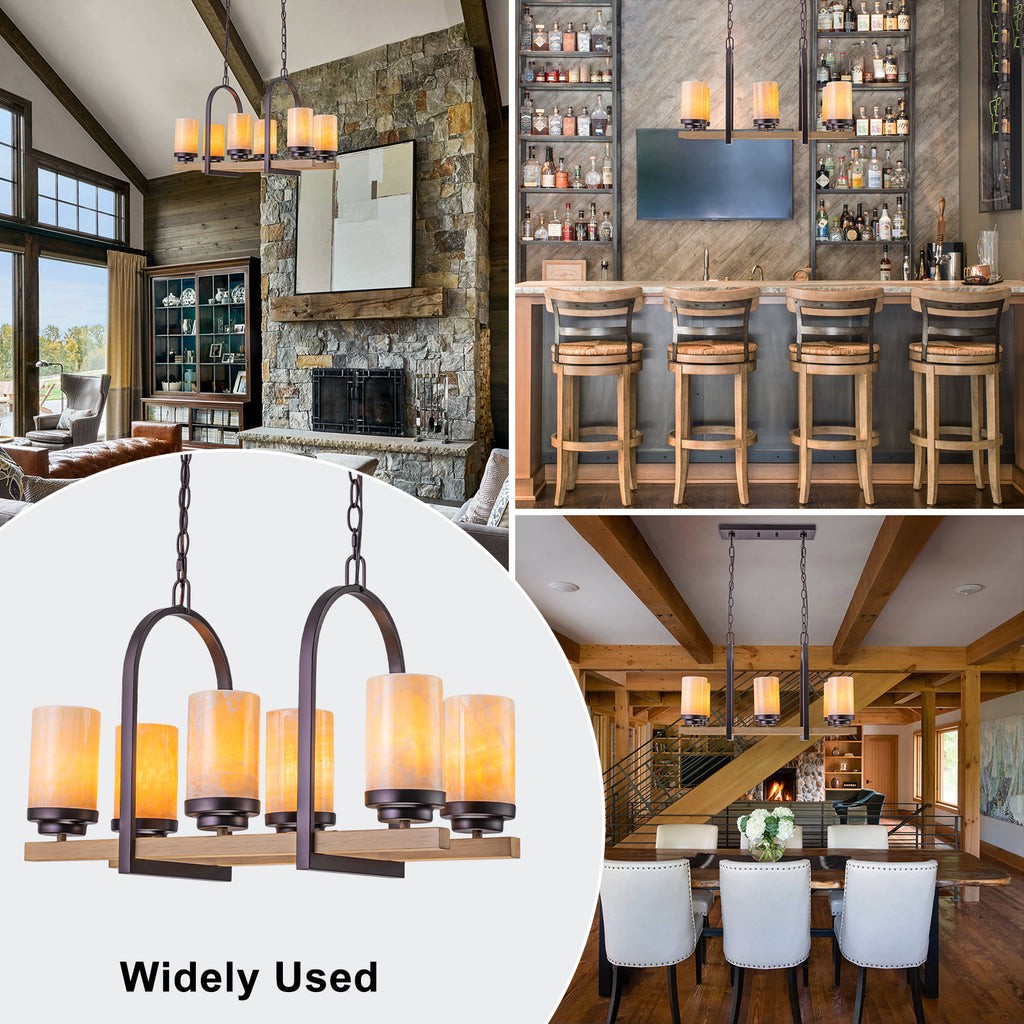 25 in. 6-Light Rustic Industrial Linear Coffee Brown Metal Pendant Light Chandelier with Marble Shades
