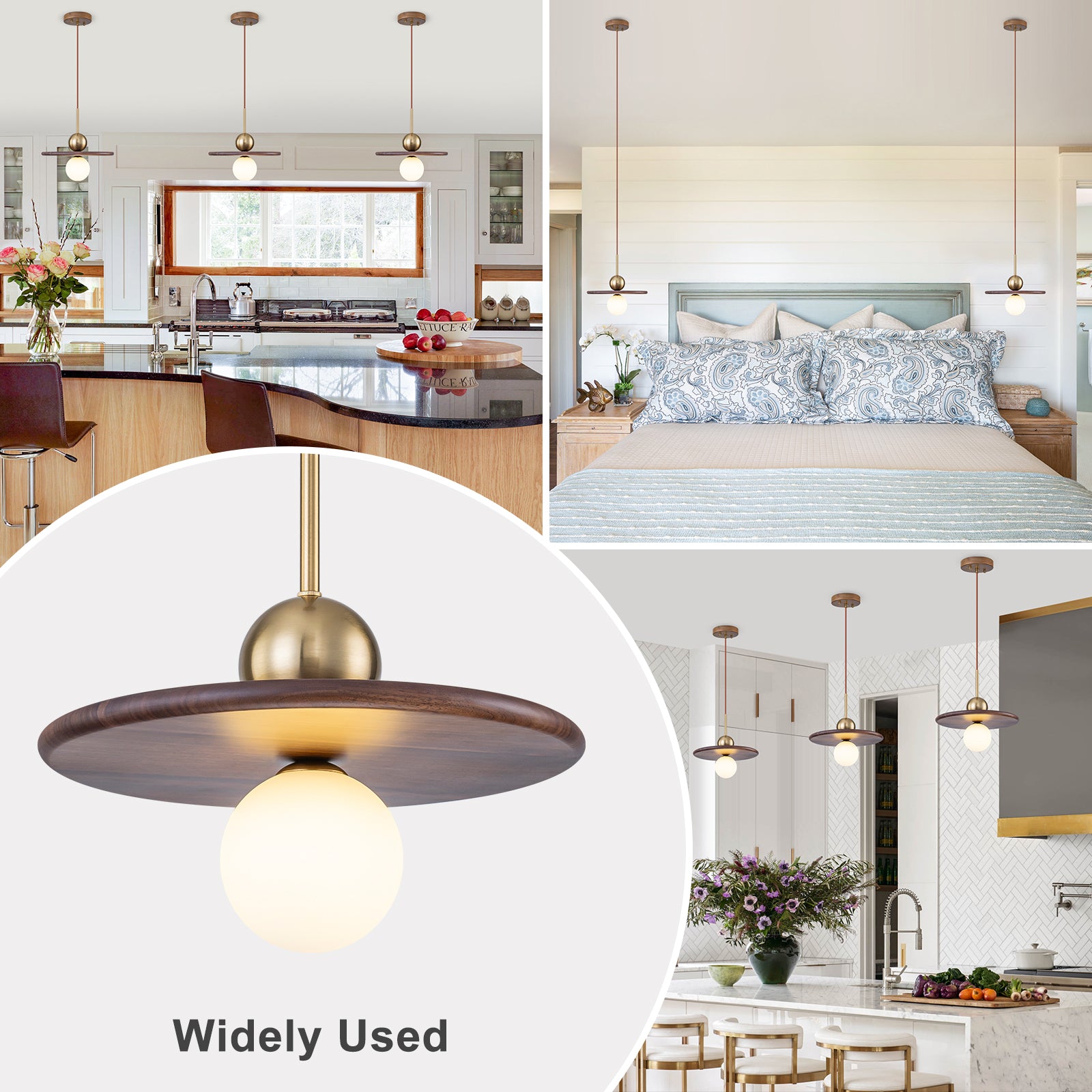 25-Watt 1-Light Modern Gold and Wood Pendant Light with White Globe Glass Shade for Bedroom