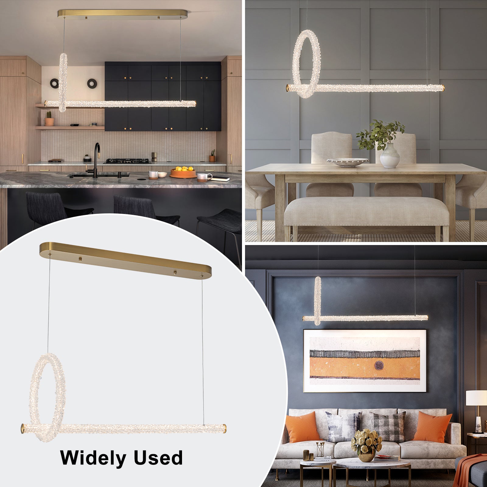 2-Light Modern Luxury Gold Ring & Bar Dimmable Integrated LED Chandelier Pendant Light with Crystal for Dining Room