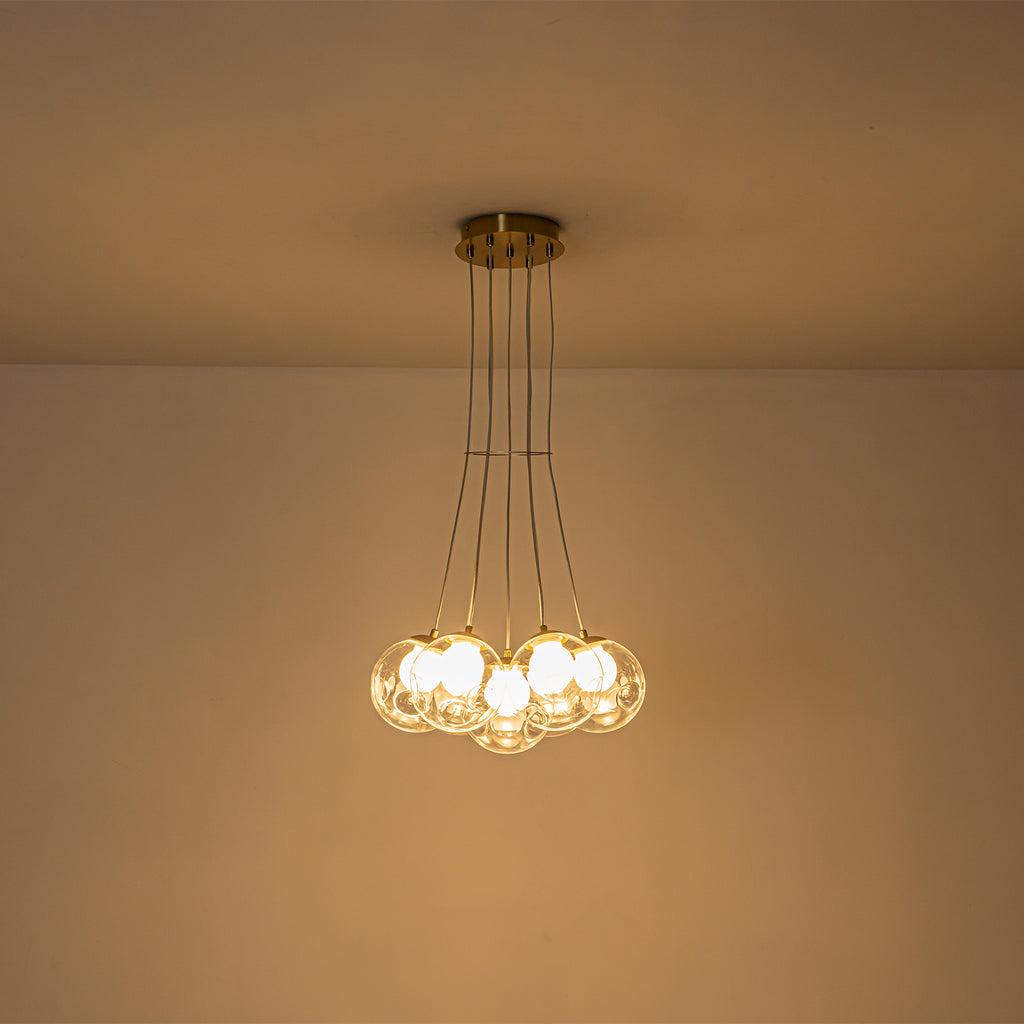 7-Light Modern Gold Sputnik Cluster LED Chandelier with Clear Globe Shades for Living Room