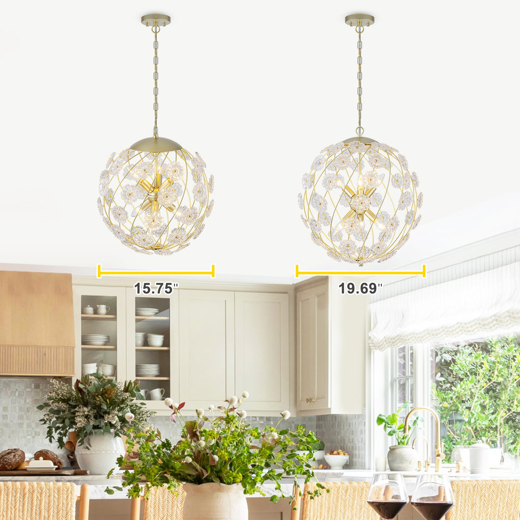 6-Light Modern Metal Gold Globe Cage Chandelier with Glass Flower Shade for Living Room, Dining, Bedroom