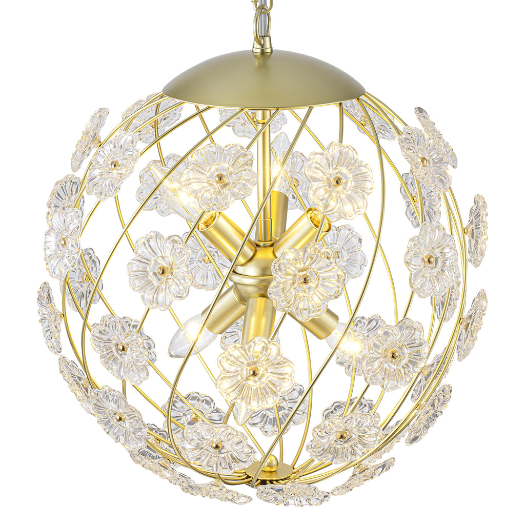 6-Light Modern Metal Gold Globe Cage Chandelier with Glass Flower Shade for Living Room, Dining, Bedroom