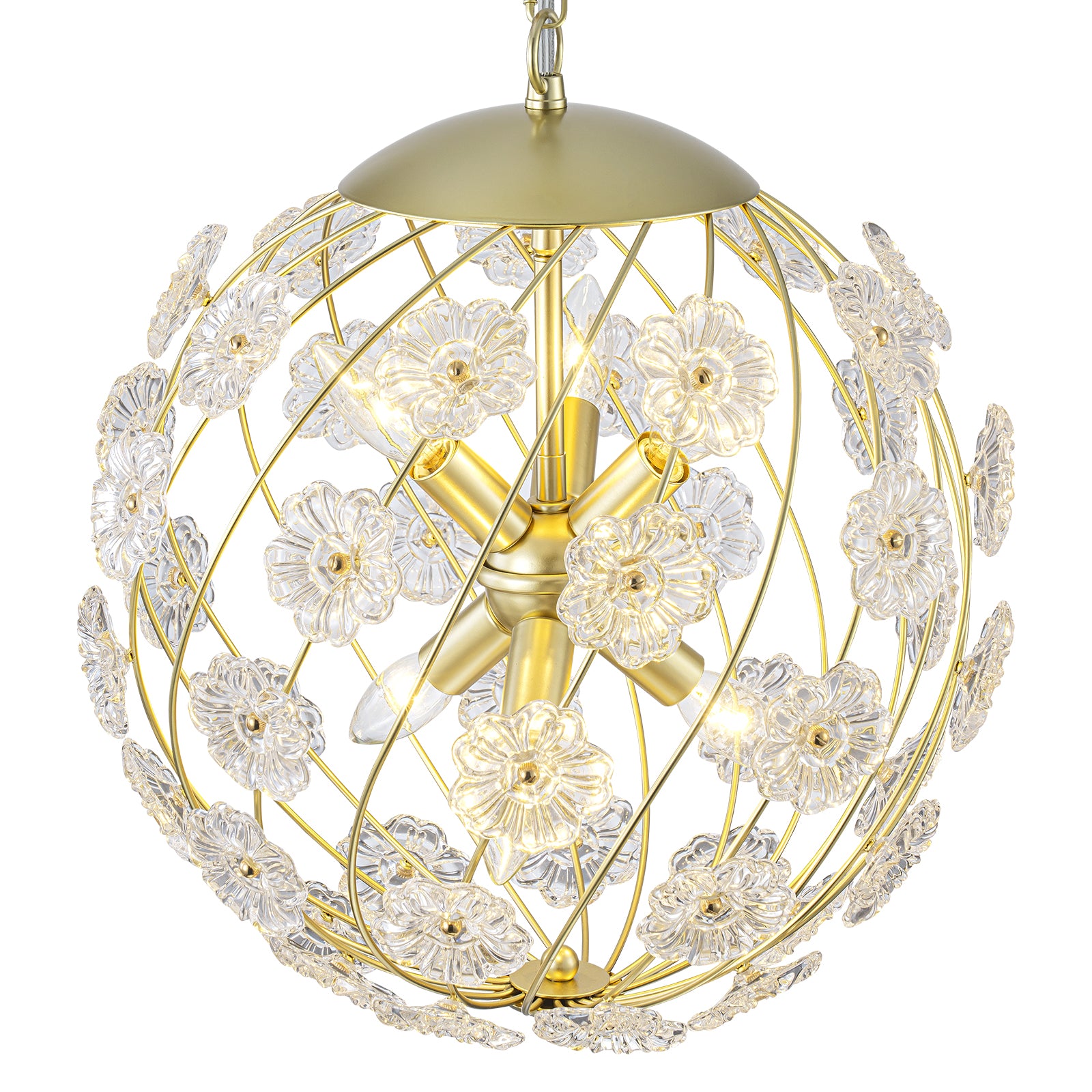 6-Light Modern Metal Gold Globe Cage Chandelier with Glass Flower Shade for Living Room, Dining, Bedroom