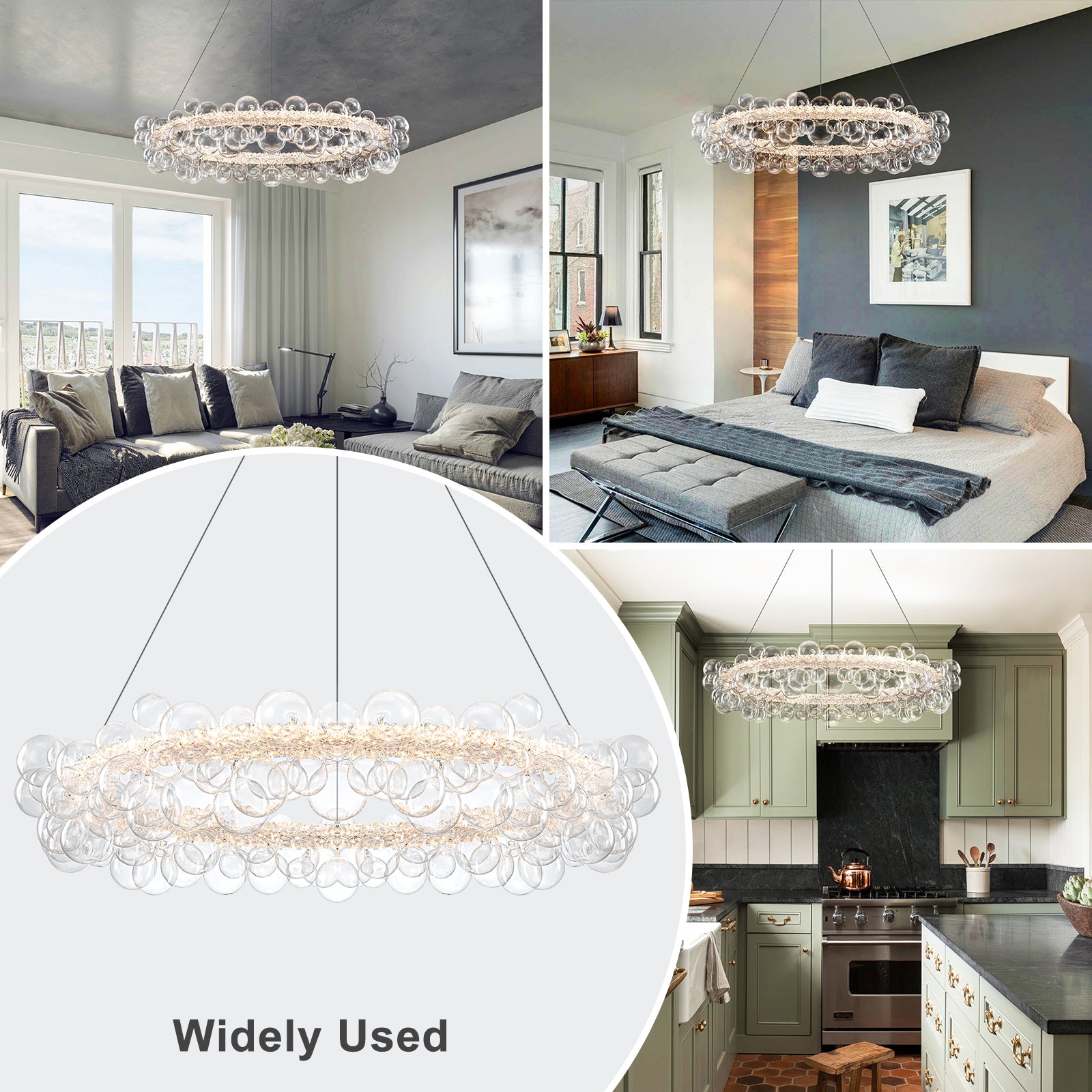 1-Light Gold Modern Round Globe Crystal Integrated LED Chandelier Dimmable Pendant Light with Glass Bubbles
