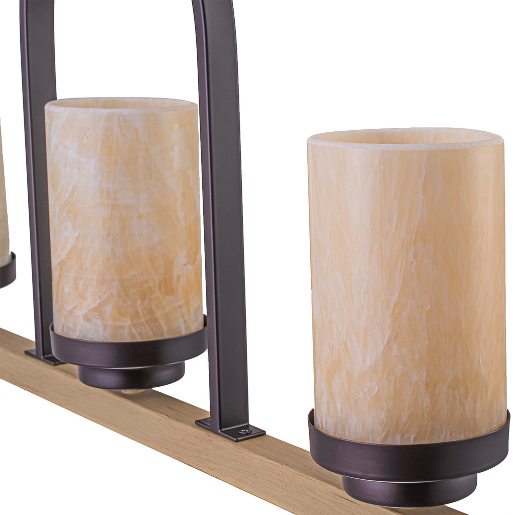 25 in. 3-Light Rustic Industrial Onyx Pendant Light w/Faux Wood Accent & U-Shaped Iron Frame