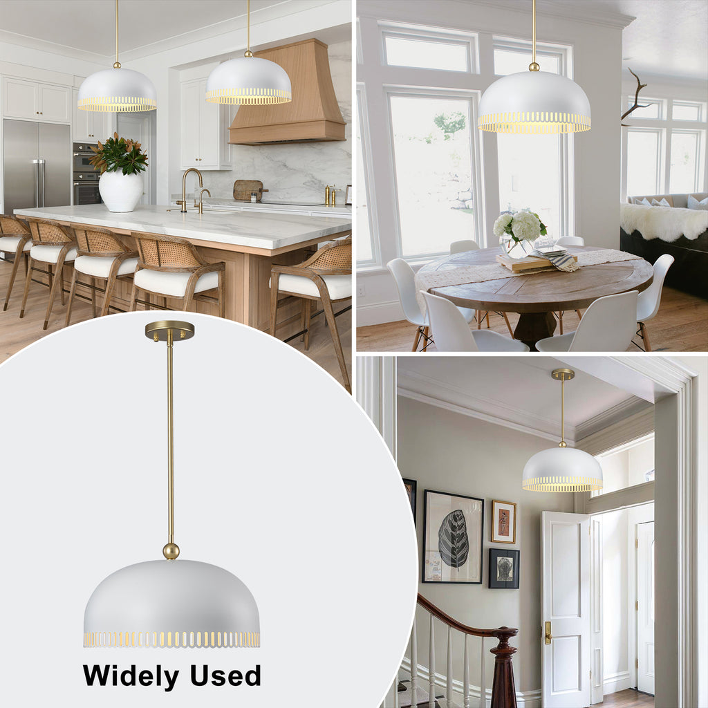 3-Light Gold Iron Semi-Domed Shape Pendant Light with Matte White Metal Shade Hollow Out Design for Living Room