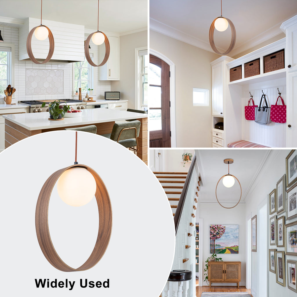 12 in. 1-Light Modern Walnut Oval Globe Pendant Light with White Glass Shade for Dining Room, Kitchen Island