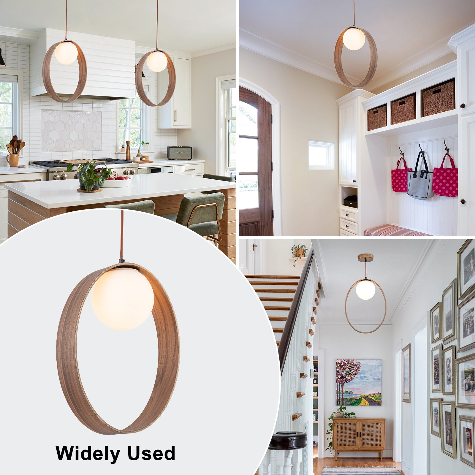 12 in. 1-Light Modern Walnut Oval Globe Pendant Light with White Glass Shade for Dining Room, Kitchen Island