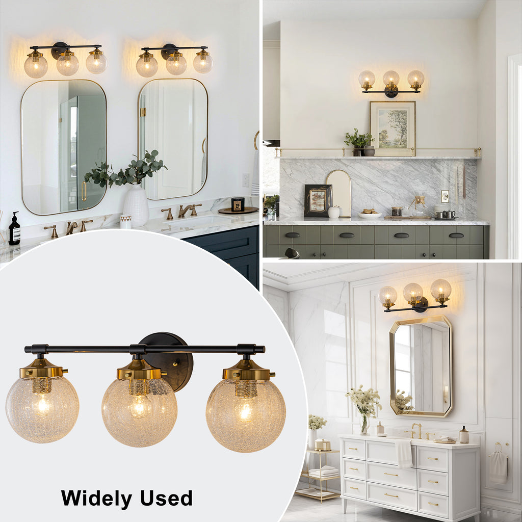 21.73 in. 3-Light Matte Black and Gold Metal Vanity Light with Clear Glass Shades for Bathroom