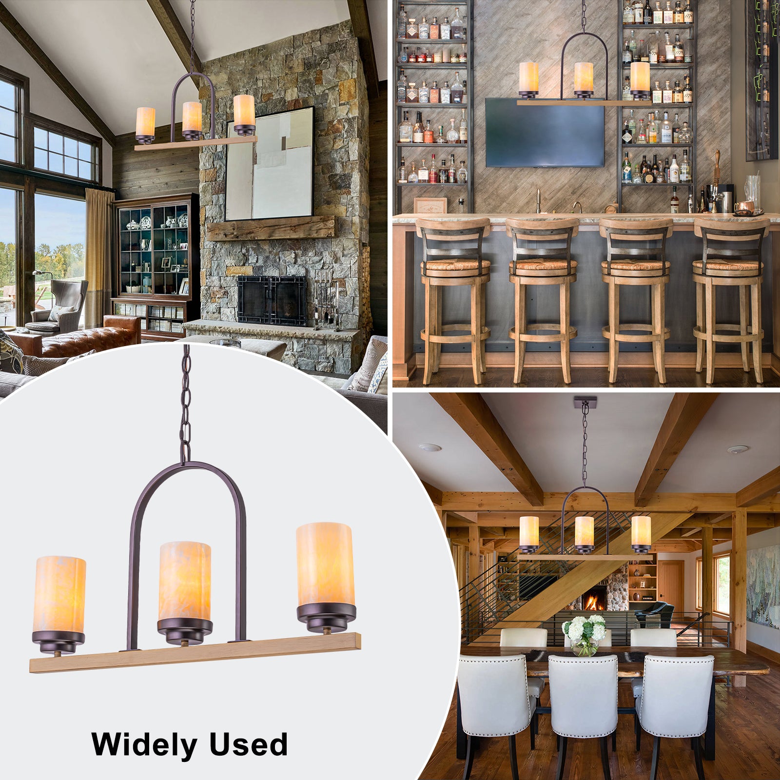 25 in. 3-Light Rustic Industrial Onyx Pendant Light w/Faux Wood Accent & U-Shaped Iron Frame