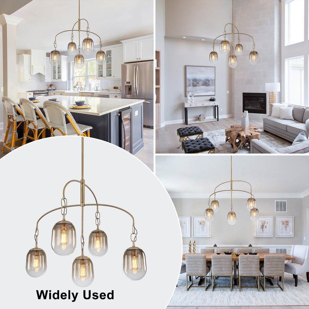5/7-Light 2/3-Tier Antique Gold Metal Chandelier Pendant with Oval Glass Shades for Living Room, Kitchen Island